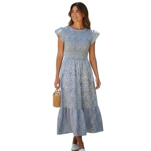Blue And White Floral Women's Maxi Dress With Fluttered Shoulders